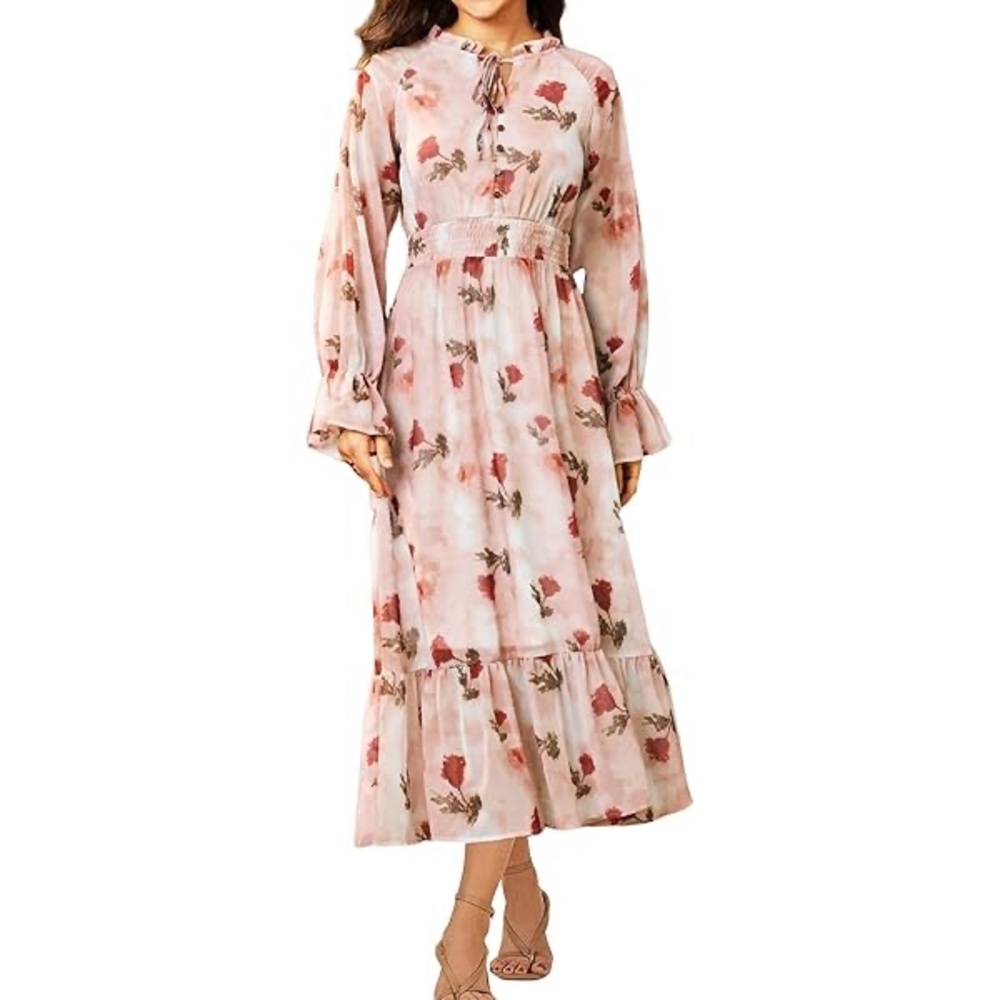 Champagne Pink Longsleeve Boho Floral Midi Chiffon Dress Spring/Fall